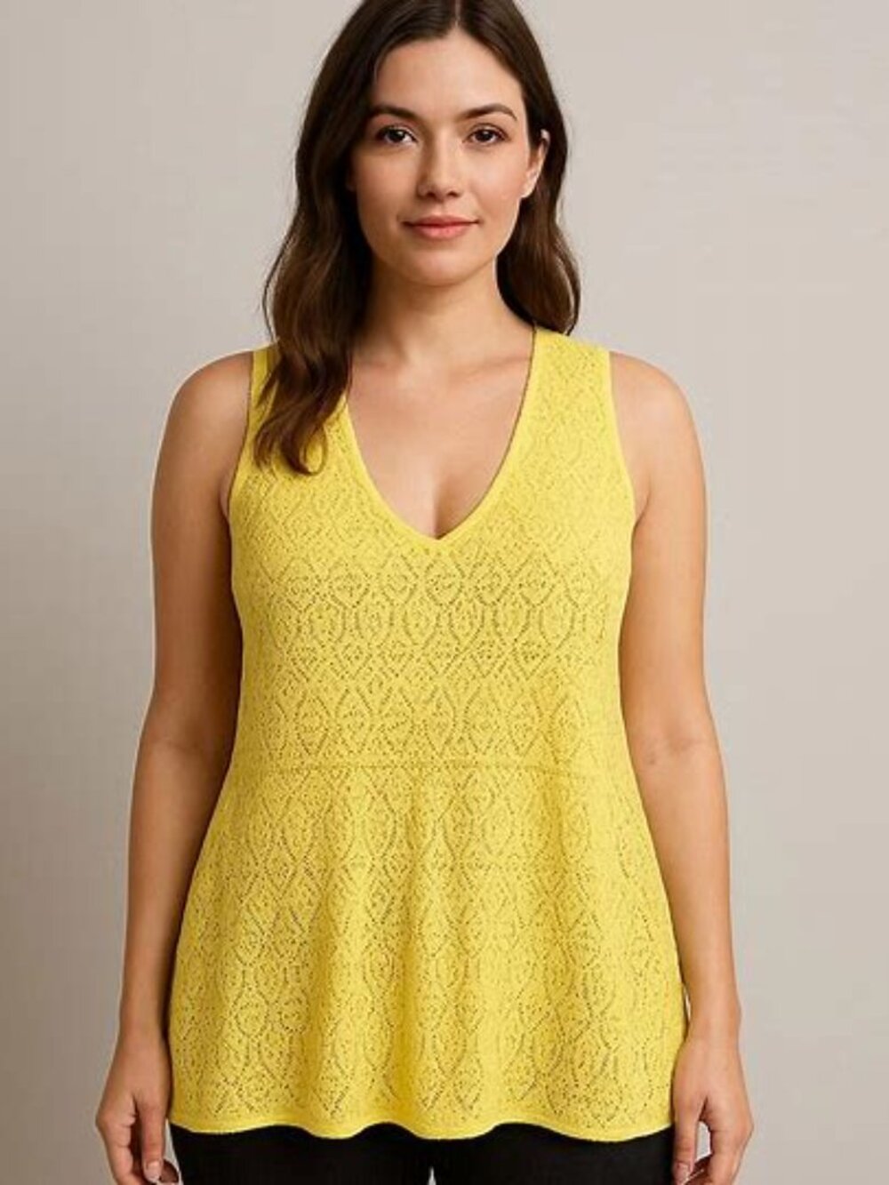 Womens Plus Sz L Yellow Cotton Lace Knit V-Neck Flared Tank Top Crochet Tunic